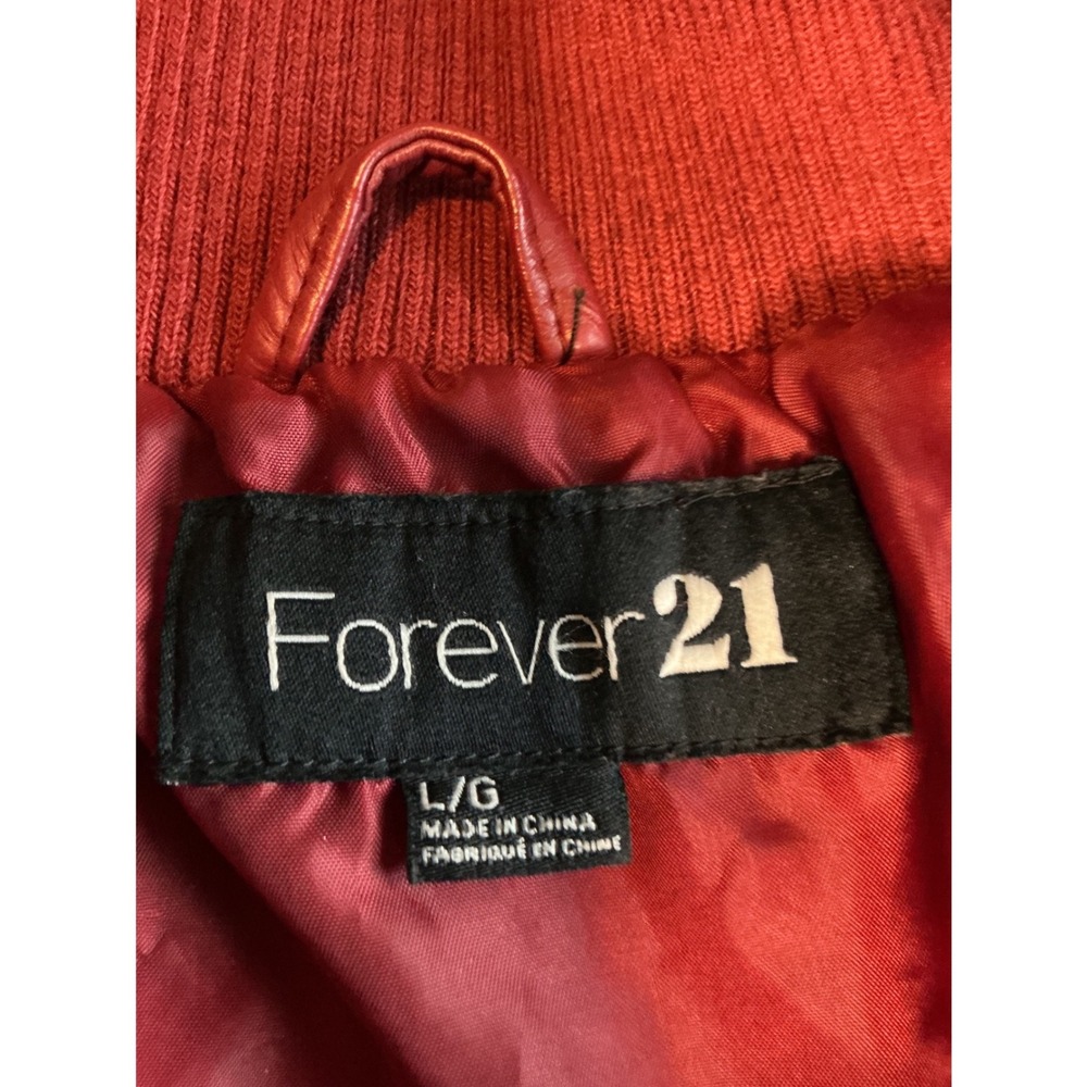 Vintage Forever 21 Red Faux Leather Bomber Jacket Ribbed Knit Trim Large - Picture 3 of 3